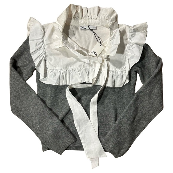 ZARA Gray Knit Sweater w/ White Bow Tie Collar NWT - Picture 1 of 5